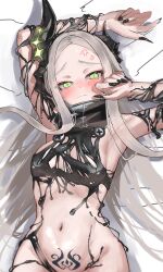 1girl anger_vein blush breasts embarrassed fingernails goddess_of_victory:_nikke green_eyes grey_hair horns iwazaki leviathan_(nikke) long_hair looking_at_viewer lying on_back sharp_fingernails solo tears very_long_hair
