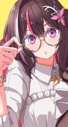 Rule 34 | 1girl, adjusting eyewear, ascot, azki (4th costume) (hololive), azki (hololive), benjamin 1kt, bespectacled, bracelet, breasts, brown hair, collared shirt, colored inner hair, commentary, double-parted bangs, english commentary, frilled shirt, frills, glasses, glint, hair ornament, hololive, jewelry, long hair, looking at viewer, medium breasts, multicolored hair, official alternate costume, parted lips, pink hair, purple eyes, round eyewear, shirt, simple background, solo, streaked hair, upper body, virtual youtuber, white ascot, white hair, white shirt, wing collar, yellow-framed eyewear, yellow background