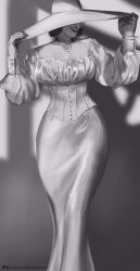 1girl alcina_dimitrescu black_hair breasts dress hat highres large_breasts long_dress long_sleeves mature_female monochrome puffy_long_sleeves puffy_sleeves reddoodlesart resident_evil resident_evil_6 solo sun_hat white_dress