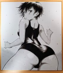 Rule 34 | 1girl, :o, ass, blush, blush stickers, breasts, commentary request, cowboy shot, expressionless, eyelashes, from behind, greyscale, hand up, looking at viewer, makomako1061, median furrow, monochrome, one-piece swimsuit, original, parted lips, pen (medium), photo (medium), school swimsuit, shikishi, short hair, solo, standing, swimsuit, thighs, traditional media, turning head, water drop, wet