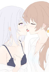2girls absurdres azusa_(blue_archive) black_bra blue_archive blush bra breasts brown_hair closed_eyes collared_shirt commentary french_kiss hifumi_(blue_archive) highres hoshino-daisuk1 kiss long_hair multiple_girls open_clothes open_shirt purple_eyes purple_hair shirt simple_background small_breasts underwear white_background white_shirt yuri