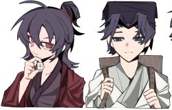 Rule 34 | 2boys, aged down, ahoge, asansama, backpack, bag, black eyes, black hair, black hanfu, black hat, chinese clothes, chinese commentary, closed mouth, coat, dao gui yi xian, hair between eyes, hair bun, half updo, hand on own chin, hand up, hanfu, hat, holding, holding mahjong tile, hong zhong, jin (headwear), li huowang, long hair, long sleeves, looking at viewer, mahjong, mahjong tile, male focus, multiple boys, parted bangs, red coat, red eyes, robe, short hair, simple background, single hair bun, smile, updo, upper body, white background, white hanfu, wide sleeves, zhouzi jin (headwear), zhuge yuan