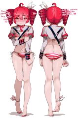 1girl ahoge ass barefoot bikini blush breasts butt_crack cropped_jacket drill_hair english_text full_body grey_jacket highres jacket kasane_teto kasane_teto_(sv) multiple_views n0_image nail_polish navel nose_blush red_bikini red_eyes red_hair red_nails red_trim shoulder_belt simple_background small_breasts solo standing striped_bikini striped_clothes swimsuit synthesizer_v twin_drills utau white_background white_bikini