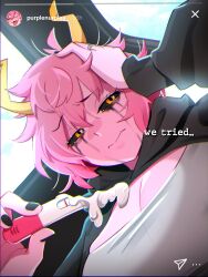 1girl absurdres ashido_mina black_nails black_sclera boku_no_hero_academia breasts closed_mouth colored_sclera colored_skin english_text hair_between_eyes hand_on_own_head highres holding holding_pregnancy_test hood hood_down horns jewelry khyle. large_breasts light_frown long_sleeves looking_at_viewer makeup melting messy_hair nail_polish orange_eyes pink_hair pink_skin pregnancy_test ring runny_makeup upper_body wedding_ring