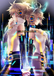 1boy 1girl aqua_eyes arm_warmers back-to-back blonde_hair brother_and_sister detached_sleeves hair_ornament hair_ribbon hairclip holding_hands headphones highres kagamine_len kagamine_len_(append) kagamine_rin kagamine_rin_(append) popped_collar ribbon short_hair shorts siblings twins vocaloid vocaloid_append yutif