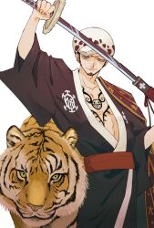 Rule 34 | 1boy, animal, black hair, black kimono, chest tattoo, commentary request, earrings, facial hair, goatee, hat, highres, holding, holding sword, holding weapon, japanese clothes, jewelry, kimono, looking at viewer, oh imo, one piece, red sash, sash, simple background, smile, sword, tattoo, tiger, trafalgar law, weapon, white background, wide sleeves