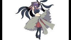 1girl absurdres arms_up black_panties black_shirt black_socks breasts grey_sandals highres holding holding_weapon large_breasts mask mouth_mask narrowed_eyes navel ninja_mask non-web_source official_art panties pants pillarboxed purple_hair red_eyes red_pants red_scarf rin_(senran_kagura) sandals scarf senran_kagura senran_kagura_burst shirt socks solo thong underwear weapon white_background yaegashi_nan