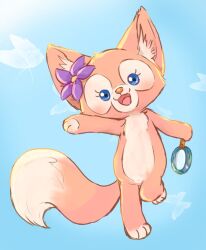 1girl animal_ears chusan_39 duffy_and_friends fox fox_girl furry furry_female highres holding holding_magnifying_glass linabell looking_at_viewer magnifying_glass no_humans open_mouth pink_fur sky smile solo standing