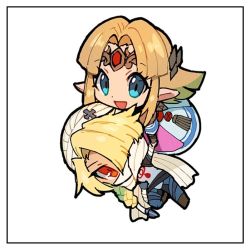 2girls androgynous bad_id bad_twitter_id bandages blonde_hair blue_eyes blush braid chibi crumbs dark_skin dark-skinned_female dress gloves hat hug jewelry long_hair looking_at_viewer mask multiple_girls nintendo nyagiratwist open_mouth pointy_ears princess_zelda red_eyes reverse_trap sheik simple_background smile super_smash_bros. surcoat the_legend_of_zelda the_legend_of_zelda:_a_link_between_worlds the_legend_of_zelda:_a_link_to_the_past the_legend_of_zelda:_breath_of_the_wild the_legend_of_zelda:_ocarina_of_time turban