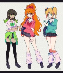 3girls black_hair blonde_hair blossom_(ppg) blue_eyes bow bowtie breasts bubbles_(ppg) buttercup_(ppg) cartoon_network choker clothes_around_waist commentary earrings goldenfoggy green_eyes gyaru hair_bow hair_ornament jewelry long_hair loose_bowtie loose_socks multiple_girls open_mouth orange_hair pleated_skirt powerpuff_girls school_uniform shirt short_hair simple_background skirt small_breasts smile socks sweater sweater_around_waist tan thighhighs twintails white_shirt