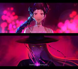Rule 34 | 2girls, asymmetrical horns, black hair, black hat, black horns, black shirt, blue hair, body markings, braid, dark background, elizabeth rose bloodflame, english text, fire, hat, highres, hololive, hololive english, horns, kpop demon hunters, long hair, multicolored hair, multiple girls, nerissa ravencroft, paw chie, purple eyes, purple fire, red hair, shirt, two-tone hair, uneven horns, upper body, virtual youtuber