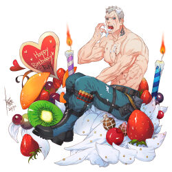 1boy abs artist_request bara birthday blush bryan_fury cake candle check_artist cherry eating food food_in_mouth food_on_body food_on_pectorals fruit full_body grapes happy_birthday heart kiwi_(fruit) large_pectorals looking_at_viewer male_focus mature_male muscular muscular_male navel nipples orange_(fruit) pectorals short_hair sideburns sitting solo strawberry_shortcake tekken topless_male white_hair yi_lee
