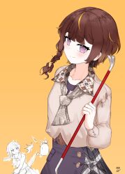 Rule 34 | 1girl, belt, black skirt, blush, braid, brown belt, brown hair, brown shirt, character request, collarbone, copyright request, crowbar, earrings, highres, hitting, holding, holding shovel, jewelry, long sleeves, looking at viewer, multicolored hair, necktie, nin fake, orange background, orange hair, partially colored, purple eyes, shirt, short hair, shovel, side braid, signature, simple background, single braid, skirt, smile, streaked hair