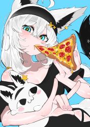 +_+ 1girl absurdres ahoge animal_ear_fluff animal_ears black_headband black_shirt blue_background blue_eyes blush breasts cleavage commentary eating eyelashes food fox_ears fox_girl fox_shadow_puppet fox_tail hair_between_eyes headband highres hololive long_hair looking_at_viewer loungewear navel official_alternate_costume pizza pizza_slice shirakami_fubuki shirakami_fubuki_(loungewear) shirt side-tie_shirt sidelocks simple_background single_off_shoulder solo symbol-only_commentary tail upper_body virtual_youtuber white_hair yuuppi
