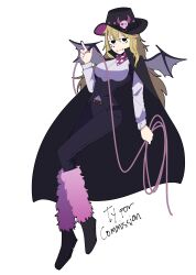 Rule 34 | 1girl, absurdres, animal print, bandana, belt, black cape, black footwear, black hat, black pants, blonde hair, breasts, brown belt, cape, commentary, commission, cow print, english commentary, facial mark, full body, hair between eyes, hat, heart, heart facial mark, highres, holding lasso, lasso, leg warmers, long sleeves, lulu lasso, multicolored hair, nexas (vtuber), not reyy, pants, pink bandana, pink hair, pink leg warmers, shirt, simple background, solo, streaked hair, virtual youtuber, white background, white shirt, wings