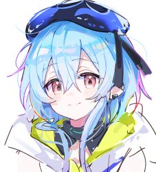 1boy arknights beret blue_hair blue_hat closed_mouth cropped_shoulders earrings hat jewelry light_blush looking_at_viewer male_focus medium_hair mizuki_(arknights) multicolored_hair pink_eyes pink_hair pjmiyo simple_background sketch smile solo streaked_hair white_background
