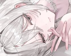 1girl bare_arms bare_legs choker closed_mouth commentary dress flower frilled_choker frilled_dress frills hair_between_eyes hands_up highres looking_afar lying medium_hair on_side original own_hands_together pink_eyes solo toro_runo vase white_choker white_dress white_flower white_hair