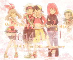 2girls 3boys :d ^_^ anniversary backpack backwards_hat bag baseball_cap beanie bike_shorts bike_shorts_under_shorts black_coat black_footwear black_hair black_shirt blue_hair blue_pants bow_hairband bracelet brendan_(pokemon) brown_hair capri_pants clapping closed_eyes coat cocoloco crossed_arms eevee ethan_(pokemon) fanny_pack gen_1_pokemon green_bag green_footwear grey_eyes hairband hand_on_another&#039;s_shoulder hat holding holding_pokemon jacket jewelry kris_(pokemon) long_sleeves looking_at_another may_(pokemon) medium_hair multiple_boys multiple_girls nintendo open_mouth orange_hairband orange_shirt pants peeking_out pokemon pokemon_(creature) pokemon_gsc pokemon_oras red_footwear red_hair red_jacket shirt shoes short_hair short_shorts shorts silver_(pokemon) sleeveless sleeveless_shirt smile sneakers standing tumblr_username turtleneck twintails white_footwear white_headwear white_shorts yellow_headwear yellow_shoes yellow_shorts zipper_pull_tab