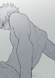 Rule 34 | 1boy, absurdres, artist name, back, bakugou katsuki, blush, boku no hero academia, from below, grey background, greyscale, highres, male focus, monochrome, oroshi mi, scar, scar on arm, short hair, simple background, solo, spiked hair, teeth, toned, toned male