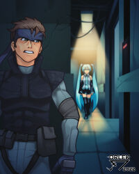 1boy 1girl absurdres against_wall aqua_hair artist_name bandana black_sleeves body_armor commentary detached_sleeves english_commentary hatsune_miku hiding highres lampshade long_hair metal_gear_(series) metal_gear_solid necktie orlek sneaking_suit solid_snake twintails very_long_hair vocaloid walking
