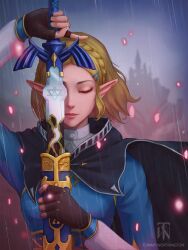 1girl black_cape blonde_hair blue_shirt braid breasts brown_gloves cape castle closed_eyes closed_mouth corruption crown_braid fingerless_gloves gloves hair_ornament hairclip highres holding holding_sword holding_weapon hyrule_castle lips master_sword nintendo pointy_ears princess_zelda rain sheath shirt short_hair solo sword the_legend_of_zelda the_legend_of_zelda:_tears_of_the_kingdom tommy_worthington triforce unsheathing upper_body weapon