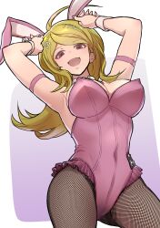 1girl :d akamatsu_kaede animal_ears armpits bare_shoulders breasts cleavage danganronpa_(series) danganronpa_v3:_killing_harmony detached_collar fake_animal_ears fishnet_pantyhose fishnets fortissimo hair_ornament highres large_breasts leotard long_hair looking_at_viewer musical_note musical_note_hair_ornament open_mouth pantyhose pink_leotard playboy_bunny rabbit_ears smile solo strapless strapless_leotard wrist_cuffs youko-shima