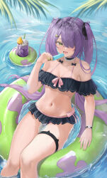 1girl absurdres arikawa_rui bare_shoulders bikini black_bikini black_bow black_choker bow breasts choker cleavage commentary english_commentary floating food frilled_bikini frills green_eyes hair_over_one_eye highres holding holding_food holding_popsicle innertube lysvette_(arikawa_rui) medium_breasts navel original outdoors partially_submerged popsicle purple_hair swim_ring swimsuit thigh_strap twintails