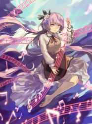 1girl barefoot beamed_quavers berabou biwa_lute crotchet_rest dress female_focus flower full_body hair_flower hair_ornament highres instrument long_hair long_sleeves looking_at_viewer lute_(instrument) music musical_note playing_instrument purple_eyes purple_hair quaver quaver_rest sharp_sign solo musical_staff touhou treble_clef tsukumo_benben very_long_hair white_dress