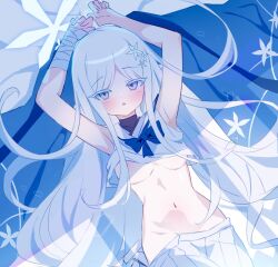 1girl armpits arms_up bandaged_arm bandages blue_archive blush colored_eyelashes commentary hair_ornament halo highres kkurovo looking_at_viewer lying nagusa_(blue_archive) navel nipples on_back open_clothes open_skirt parted_lips school_uniform serafuku shirt skirt snowflake_hair_ornament solo stomach unworn_haori white_eyelashes white_hair white_serafuku white_shirt white_skirt
