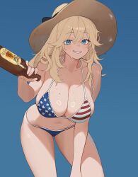 Rule 34 | american flag, american flag bikini, american flag print, beer bottle, bikini, black hat ribbon, blonde hair, blue background, blue bikini, blue eyes, breasts, flag print, flag print bikini, grin, halterneck, hand on own thigh, hat, hat ribbon, jaejae, leaning forward, light blush, looking at viewer, mole, mole on breast, print bikini, raised eyebrows, ribbon, smile, straw hat, sweat, swimsuit