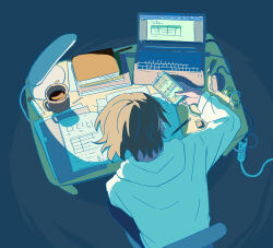 Rule 34 | 1boy, absurdres, avogado6, book, brown hair, cellphone, charging device, computer, computer mouse, cup, desk, desk lamp, earbuds, earphones, eraser, from above, highres, holding, holding phone, homework, hood, hood down, hoodie, lamp, laptop, male focus, mechanical pencil, mug, original, papers, pencil, phone, power strip, sitting, smartphone, solo, white hoodie