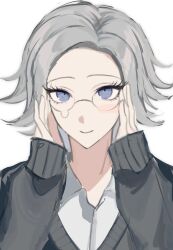 1boy alternate_costume aotsuki_eito blue_eyes eyelashes glasses highres long_sleeves looking_at_viewer male_focus parted_hair simple_background solo solo_focus the_hundred_line_-last_defense_academy- upper_body white_background white_hair