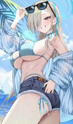 1girl absurdres alternate_costume asuna_(blue_archive) beach bikini bikini_under_shorts blue_archive blue_bikini blue_eyes blue_nails blue_shirt breasts cleavage commentary denim denim_shorts eyewear_on_head frayed_clothes hair_over_one_eye hair_ribbon halterneck highres large_breasts long_hair looking_at_viewer mango_(mango0208) ocean open_clothes open_shirt ribbon shirt shorts sideboob smile solo string_bikini sunglasses swimsuit underboob water