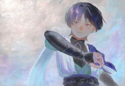 Rule 34 | 1boy, aqua kimono, arm at side, arm up, armor, belt, black belt, black bow, black bridal gauntlets, black hair, blunt ends, bow, bridal gauntlets, cape, expressionless, furisode, genshin impact, gold ring, highres, japanese armor, japanese clothes, juban, kimono, kote, kurokote, male focus, mandarin collar, middle ring, open clothes, open kimono, purple cape, purple eyes, purple sash, sash, scaramouche (genshin impact), shihatsu 0, short sleeves, shoulder peek, solo, upper body, wanderer (genshin impact), watercolor effect, white kimono, white sleeves, wispy bangs