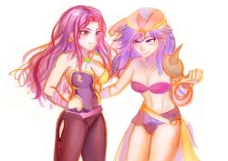 2girls bandana bra breasts cleavage elbow_gloves fairylam final_fantasy final_fantasy_ii gloves highres holding_hands large_breasts looking_ahead looking_at_another maria_(ff2) midriff multiple_girls purple_eyes purple_hair reila simple_background smile solo underwear upper_body white_background