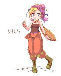 1girl blue_eyes boots bracelet bright_pupils brooch character_name earrings final_fantasy final_fantasy_vi full_body hair_bun hazakurou headscarf index_finger_raised jaggy_lines jewelry lace-up_boots open_mouth pants print_headwear red_pants relm_arrowny scarf shirt solo strapless strapless_shirt white_pupils yellow_scarf