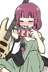 1girl alcohol alcohol_carton bass_guitar black_bow black_jacket black_nails blush bocchi_the_rock! bow braid carton closed_eyes dress drinking drinking_straw drinking_straw_in_mouth drunk green_dress hair_bow hiroi_kikuri instrument jacket long_hair multicolored_jacket purple_hair simple_background single_braid single_off_shoulder sitting solo torako_(toramaru) two-tone_jacket white_background white_jacket yamaha_trb