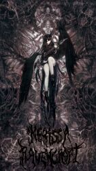 1girl abstract_background absurdly_long_hair absurdres alternate_costume ankle_boots asymmetrical_horns black_boots black_dress black_hair black_horns black_wings blue_hair boots character_name closed_mouth colored_inner_hair commentary demon_horns dress electric_guitar english_commentary feathered_wings guitar hair_between_eyes highres holding holding_instrument hololive hololive_english horns instrument long_hair long_sleeves looking_at_viewer mn374390 multicolored_hair nerissa_ravencroft oversized_wings sitting solo two-tone_hair uneven_horns very_long_hair virtual_youtuber wings