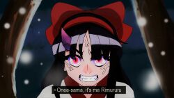 1990s_(style) 1girl ainu_clothes anger_vein angry black_hair clenched_teeth demon_girl demon_horns english_text hair_ribbon horn horns kamado_nezuko kimetsu_no_yaiba nakoruru red_eyes retro_artstyle ribbon samurai_spirits scene_reference snk snowing solo teeth