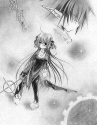Rule 34 | 1boy, 1girl, 2000s (style), ahoge, blush, bow, chain, chinese commentary, closed mouth, commentary request, crosier, cross, dress, full body, graphite (medium), greyscale, hair bow, holding, holding staff, juliet sleeves, knight (ragnarok online), long hair, long sleeves, looking at viewer, monochrome, nanami (s881201guy), pointy ears, priest (ragnarok online), puffy sleeves, ragnarok online, short hair, staff, standing, thighhighs, torn clothes, torn dress, torn thighhighs, traditional media, very long hair