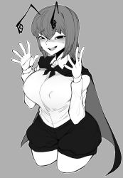 Rule 34 | 1girl, alternate breast size, antennae, blush, breasts, cape, covered erect nipples, cropped legs, female focus, grey background, greyscale, highres, large breasts, long sleeves, looking at viewer, monochrome, nipples, no legwear, open mouth, shirt, short hair, shorts, simple background, smile, solo, spacezin, sweat, thighs, touhou, wide hips, wriggle nightbug