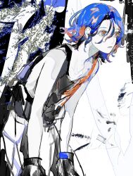 1boy bent_over blue_hair colored_inner_hair conch_(gundam) cowboy_shot dodo_o_u gloves gundam gundam_gquuuuuux highres male_focus multicolored_hair non-humanoid_robot pants red_eyes red_hair robot short_hair shuji_ito sleeveless solo tank_top two-tone_hair