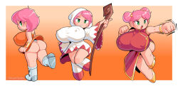 1girl alternate_costume ass bracelet breasts chinese_clothes covered_erect_nipples dot_nose dress female_focus final_fantasy final_fantasy_v gradient_background green_eyes highres holding holding_staff hood hoodie huge_breasts jewelry lenna_charlotte_tycoon looking_back monk_(final_fantasy) open_mouth orange_background orange_dress panties pink_hair red_dress royaloppai short_hair shortstack smile solo staff standing taut_clothes taut_dress underwear white_dress white_footwear white_hoodie white_mage_(final_fantasy) white_panties yellow_footwear