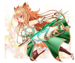 1girl aneten animal_ears armor armored_gloves armored_skirt bare_shoulders black_thighhighs blonde_hair breastplate breasts cat_ears dress emil_chronicle_online frilled_skirt frills from_side green_armor green_dress green_eyes green_shirt green_sword holding holding_sword holding_weapon large_breasts long_hair midriff mitama_elise navel open_mouth orange_skirt shirt skirt sword thighhighs weapon