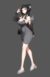 1girl absurdres arm_behind_back arm_tattoo axe bag barcode barcode_tattoo black_bag black_bra black_hair black_jacket black_mask black_nails blood bloody_weapon blunt_bangs bra bra_peek breast_tattoo breasts butterfly_tattoo cleavage closed_mouth covered_navel d_(killer_wife)_(nikke) d_(nikke) dress earphones feet fingernails from_side full_body goddess_of_victory:_nikke grey_background grey_dress hair_ornament hairclip hand_up hatchet_(axe) heart heart_necklace highres holding holding_earphones jacket jewelry large_breasts long_hair long_sleeves looking_at_viewer mask mask_pull mouth_mask nail_polish necklace off_shoulder open_clothes open_jacket pencil_dress puffy_long_sleeves puffy_sleeves red_eyes shoulder_bag simple_background slippers smile solo tattoo taut_clothes taut_dress toenail_polish toenails toes underwear walking weapon wireless_earphones young999999990