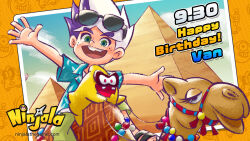 2boys alternate_costume aqua_shirt aqua_sleeves birthday black_sandals blue_sky character_name child cloud commentary copyright_name copyright_notice creature egypt english_commentary english_text eyelashes eyewear_on_head freckles green_eyes green_pupils green_shorts gumchi gungho halftone happy_birthday highres impossible_hair lapels leaf_print logo looking_at_viewer multiple_boys ninjala notched_lapels official_art open_hands open_mouth outstretched_arms photo_(object) polka_dot print_shirt print_sleeves purple_hair pyramid_(structure) red_eyes rianti-wong riding sandals second-party_source shirt short_hair short_sleeves shorts shuriken sky spread_arms sunglasses teeth thick_eyebrows tongue undershirt upper_teeth_only vacation van_(ninjala) watermark weapon web_address white_hair white_shirt white_undershirt wide_sleeves