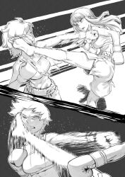 2girls boxing_gloves catfight commission highres kickboxing multiple_girls original pixiv_commission rggr sweat sweatdrop