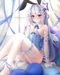 1girl absurdres amane_kanata angel animal_ears bare_shoulders blue_leotard blush bow bowtie breasts cleavage commentary covered_navel detached_collar english_commentary fake_animal_ears feathered_wings grey_hair hair_ornament hairclip halo highleg highleg_leotard highres leotard long_hair looking_at_viewer medium_breasts mini_wings multicolored_hair original playboy_bunny purple_hair rabbit_ears rabbit_tail solo st-147 star_halo strapless strapless_leotard streaked_hair tail thighhighs traditional_bowtie virtual_youtuber white_thighhighs white_wrist_cuffs wings wrist_cuffs