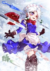 1girl apron bloomers blouse blue_eyes blue_shirt blue_skirt boots braid breasts brown_gloves clothes_lift daikon female_focus gloves highres izayoi_sakuya knife lace-up_boots long_sleeves maid maid_headdress medium_breasts nomayo radish shirt skirt skirt_lift solo thigh_boots thighhighs touhou twin_braids underwear waist_apron white_hair wind wind_lift