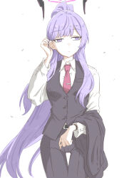 1girl absurdres alternate_costume belt black_pants black_vest blue_archive collared_shirt cowboy_shot formal_clothes halo hariyaa highres holding holding_unworn_clothes jacket long_hair looking_to_the_side necktie pants parted_bangs ponytail purple_eyes purple_hair red_necktie shirt sidelocks solo suit tie_clip tucking_hair unworn_jacket utaha_(blue_archive) vest white_background white_shirt wind